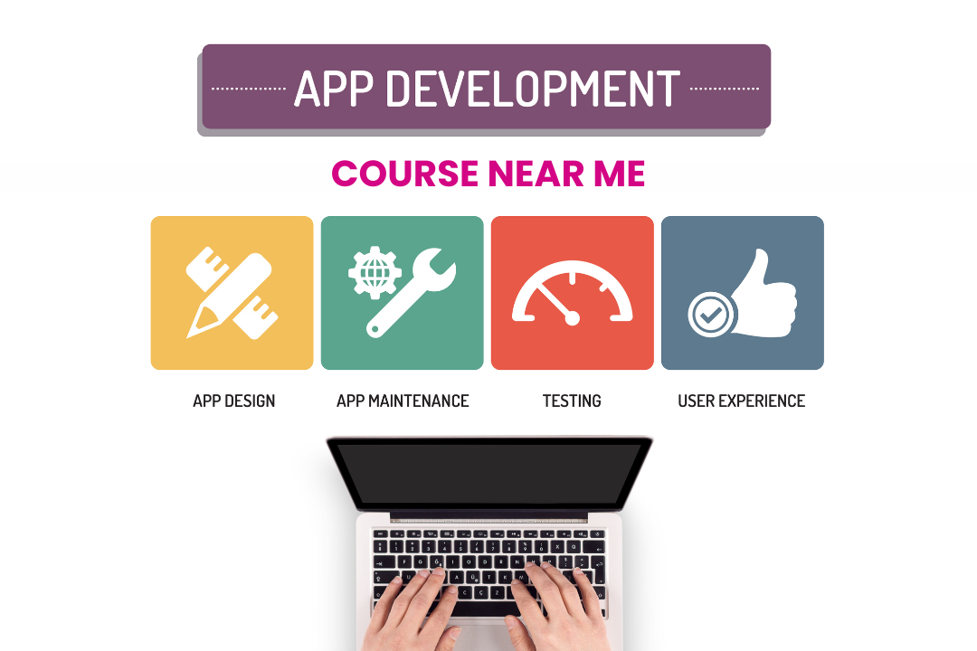 Graphic of a smartphone with coding symbols overlay, representing App Development Course Near Me